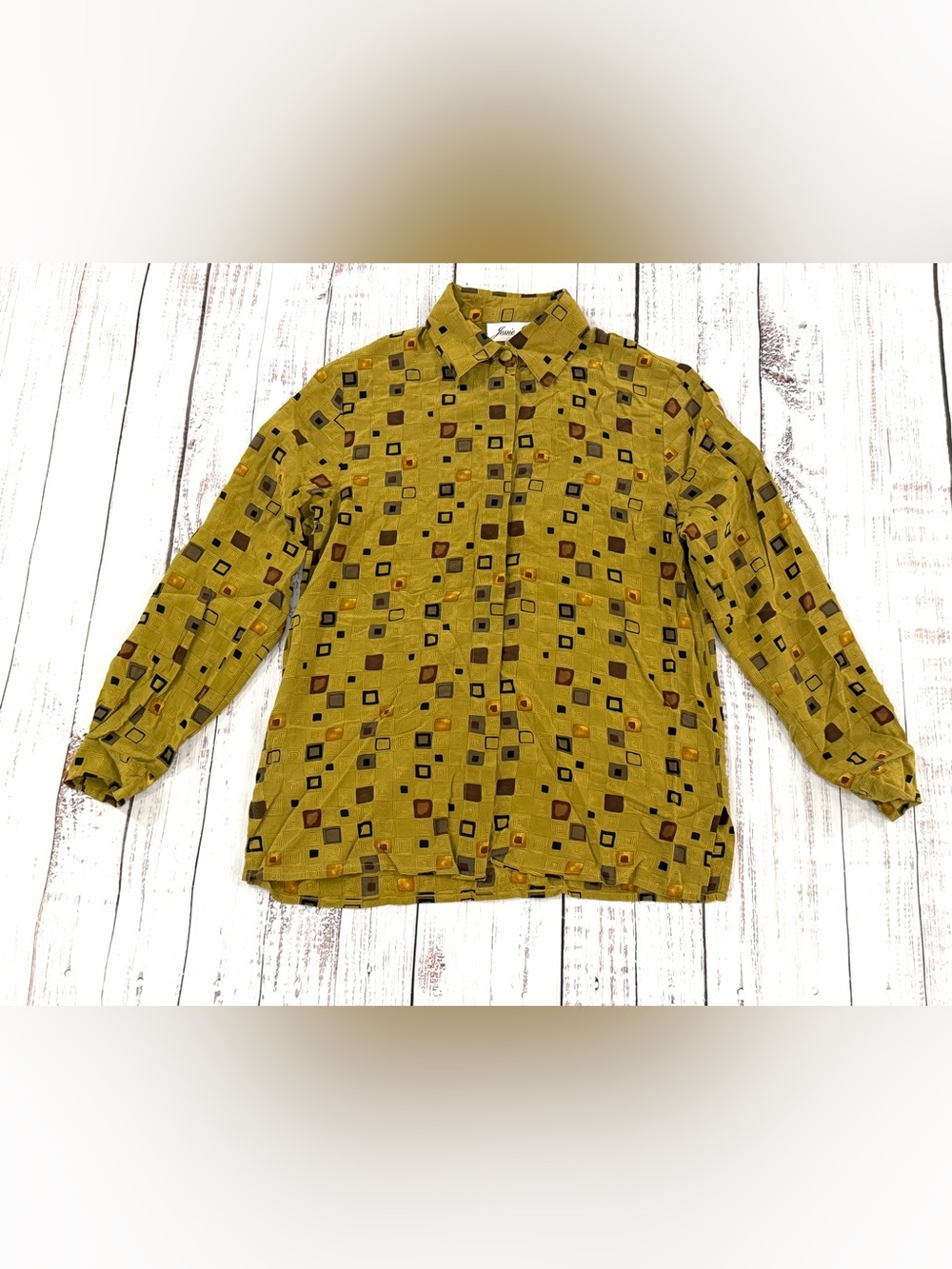 Vintage 100% Silk Blouse Women’s Size M Long Sleeve Olive Green Geometric